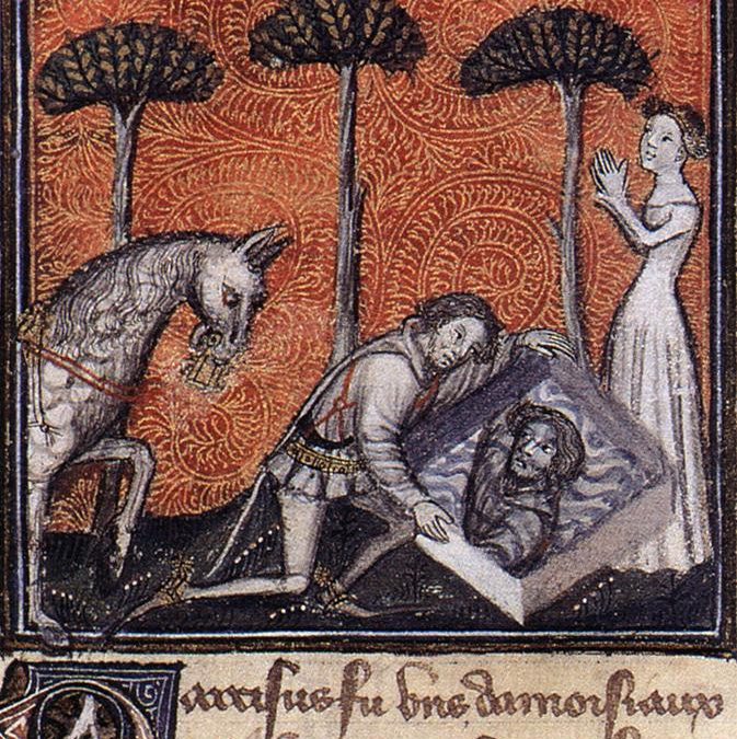 Miniatura con Eco e Narciso, 1380, da un manoscritto del Roman de la Rose, Bodl. library, Oxford