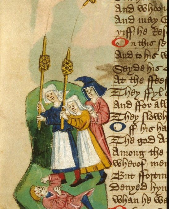 Orfeo minacciato dalle donne di Tracia armate di rocche (manoscritto inglese del XV sec.) (figura 16)
